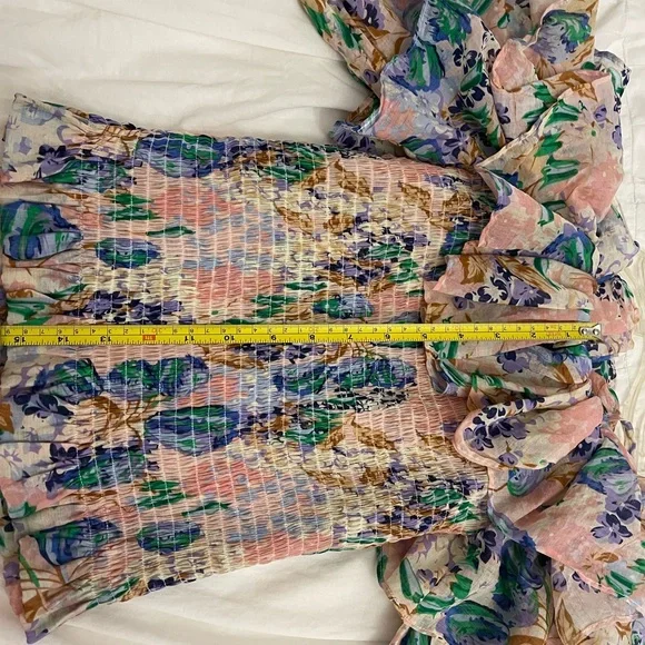 Gracia White, Blue, Print, Ruffled Long Sleeve Blouse, 70% Rayon, 30% Nylon - Picture 9 of 10